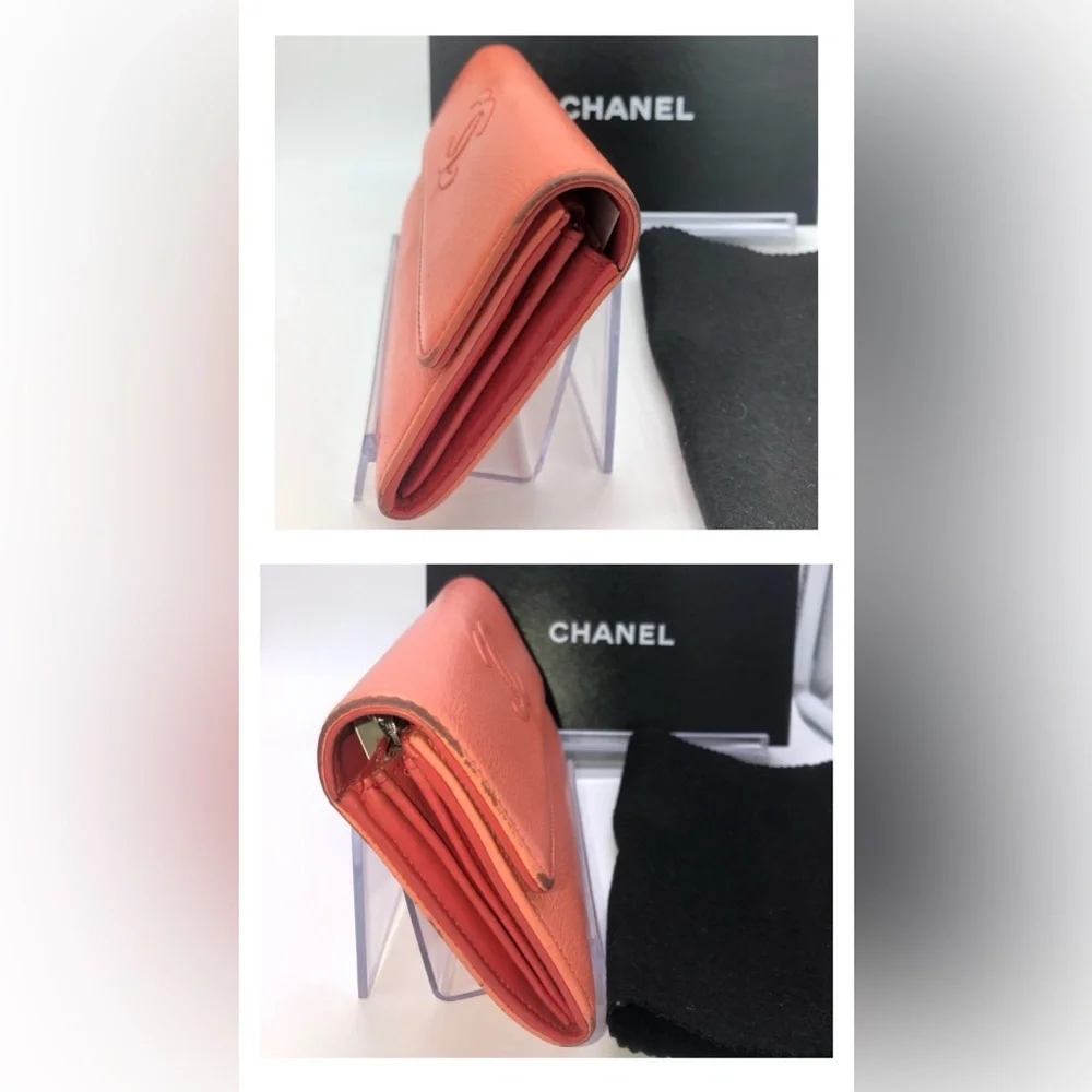 🩷CHANEL Wallet Timeless CC Embroidered Top Flap Snap Long Salmon Pink Coral COA